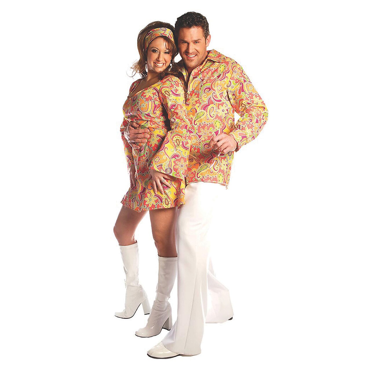 Mens Groovy Costume Orange Button Front Shirt Retro Disco Outfit Halloween Party